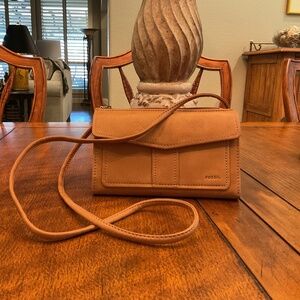 Camel Fossil Crossbody Wallet Genuine Leather